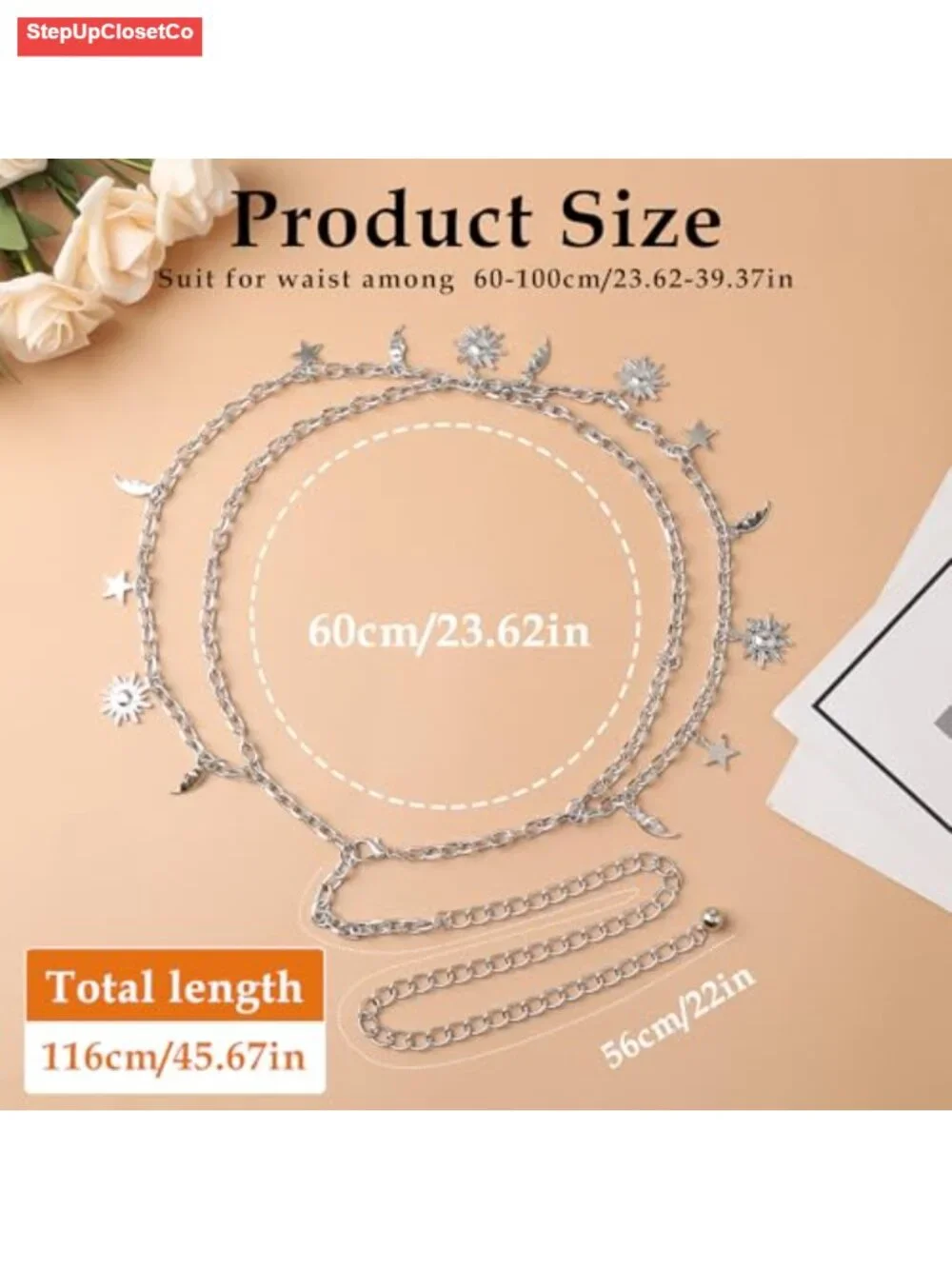 Double Layer Metal Chain Belt with Moon Star Pendant Waist Chain for Women